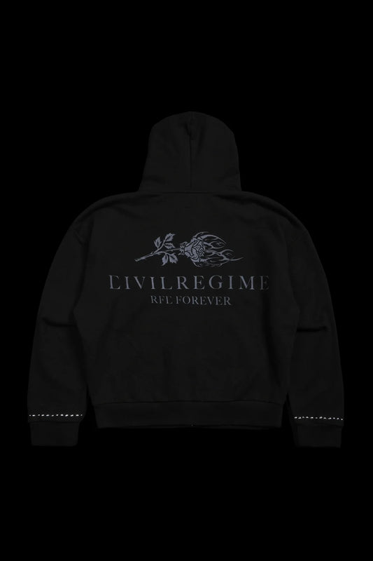 NIGHTMARE FOREVER OUTLIERS DISTRESSED ZIP UP HOODIE IN BLACK