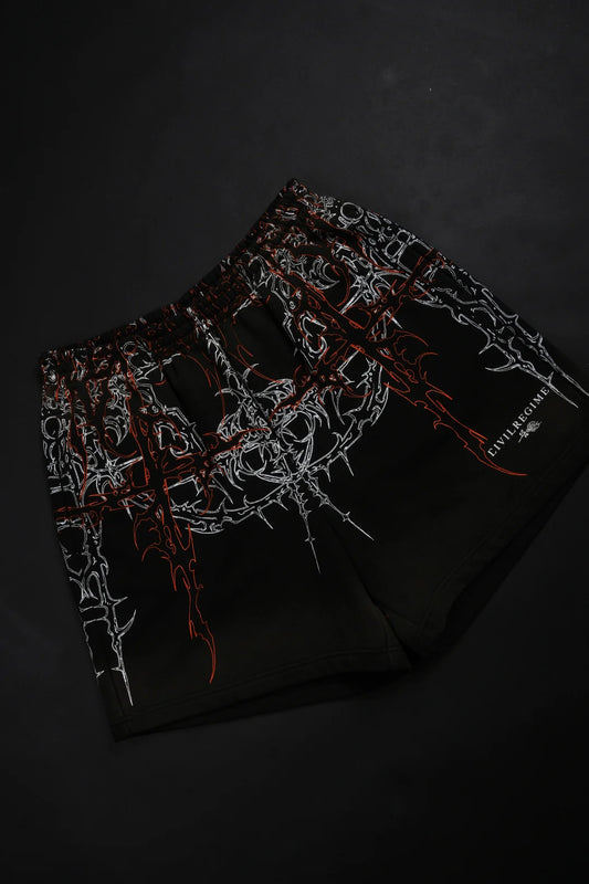 LUCID THORNS BAGGY SHORTS IN VINTAGE BLACK/HALLOW ORANGE
