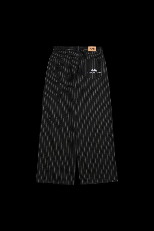 HELL BOUND BATS RAW DENIM JEANS IN BLACK/WHITE PINSTRIPE