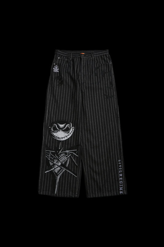 HELL BOUND BATS RAW DENIM JEANS IN BLACK/WHITE PINSTRIPE